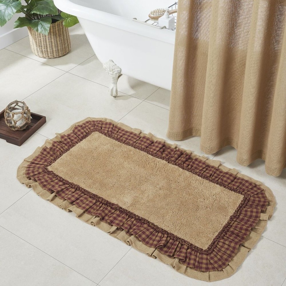 Country Primitive Burlap Natural Burgundy Check Ruffled Bathmat 27x48 Bath Decor